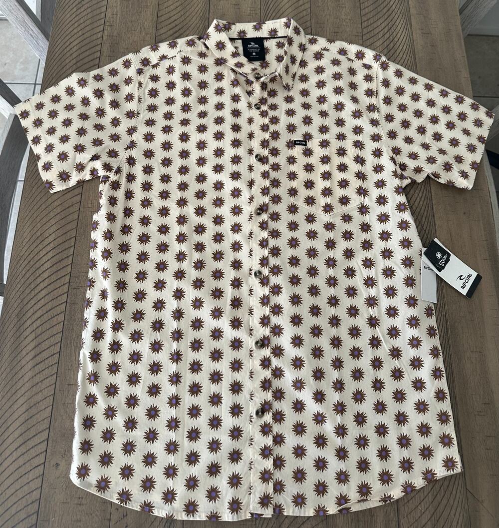 NWT Rip Curl Fun Times Ditsy Short Sleeve Button Up Shirt Men's Size Medium Bone